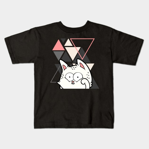 Crazy funny Cute little cat in triangles background adorable kitty Kittenlove Kids T-Shirt by BoogieCreates